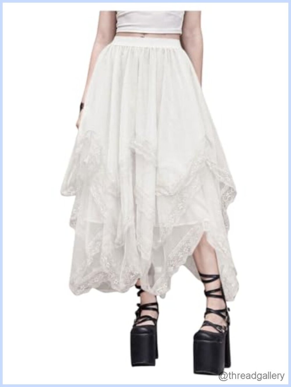 Lace Trim Mesh Tulle Asymmetrical Midi Skirt High Waist Flowy Goth
